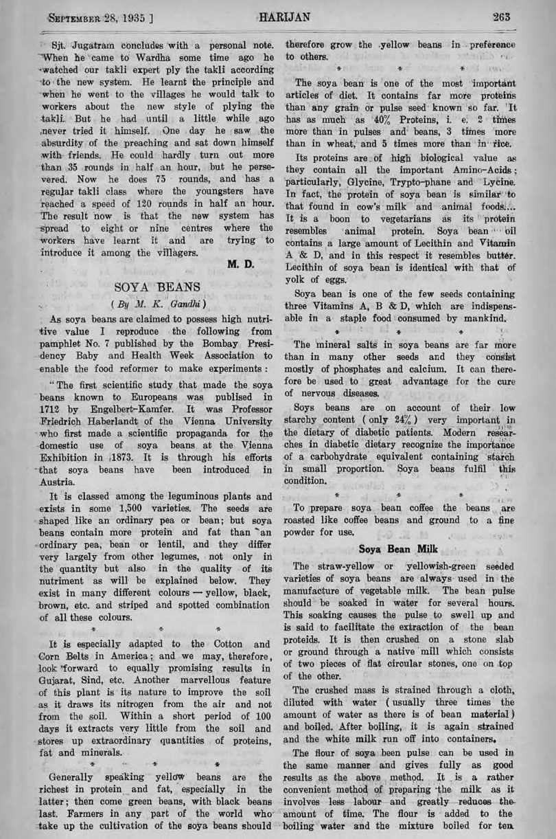 Newspaper clipping from Harijan, September 28, 1935, with an article titled Soya Beans by M. K. Gandhi.